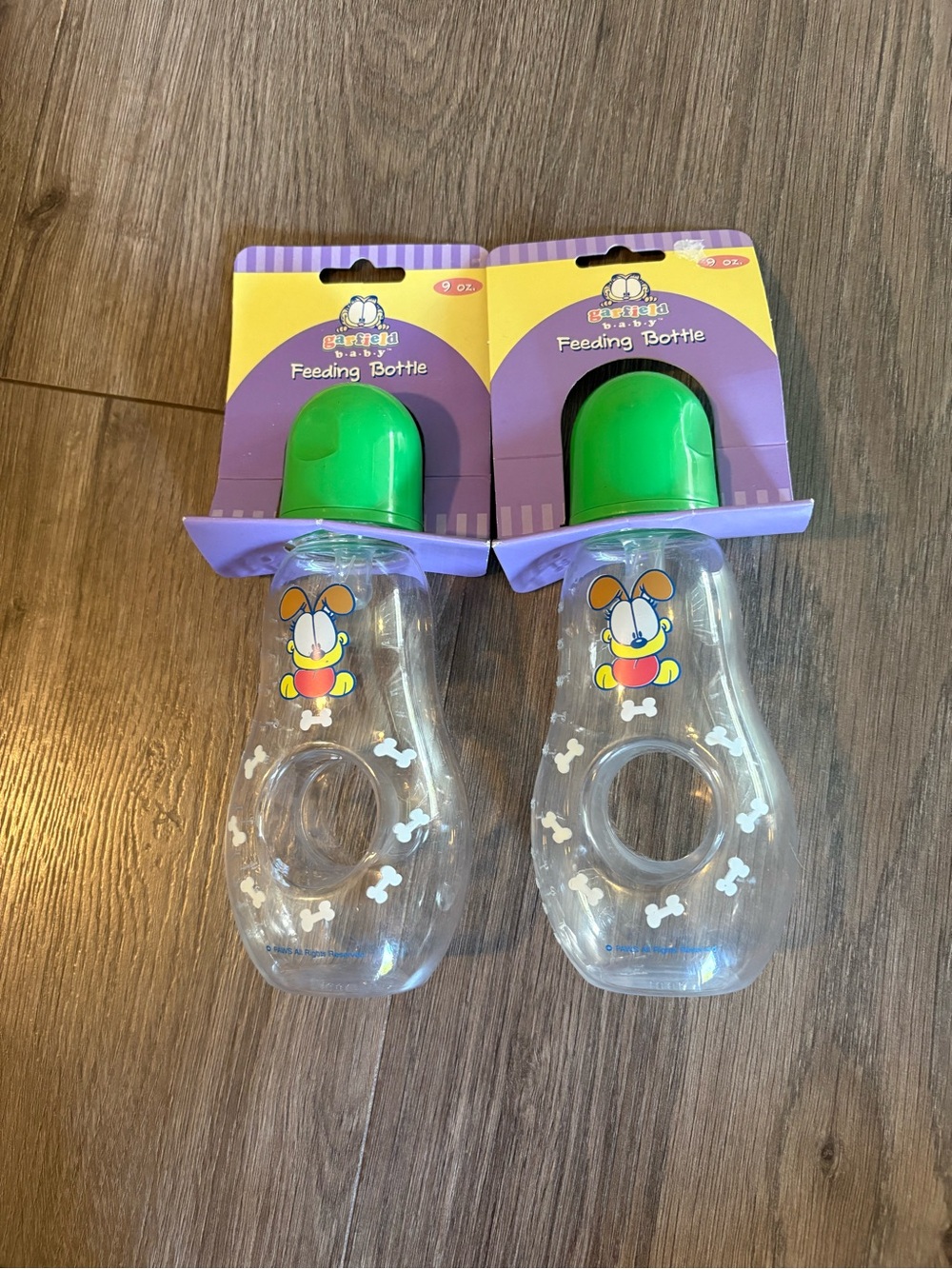 VINTAGE Garfield Baby Feeding Bottle Pair with Green Caps and Cartoon Dog